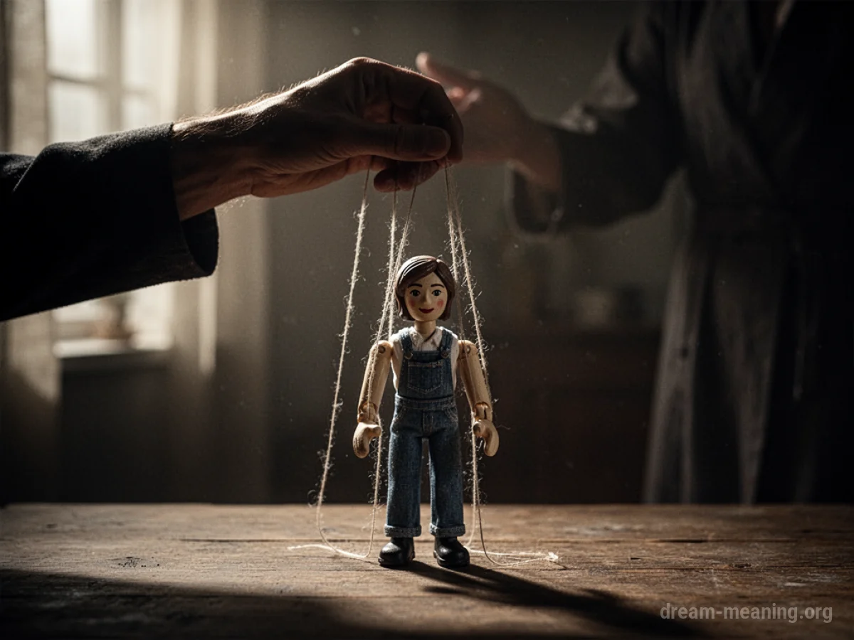 A puppet with strings attached to its limbs, controlled by an unseen force.