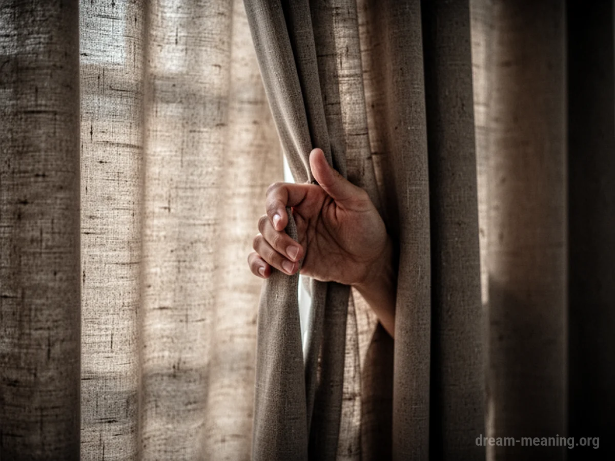 A hand pulling back a thick fabric curtain.
