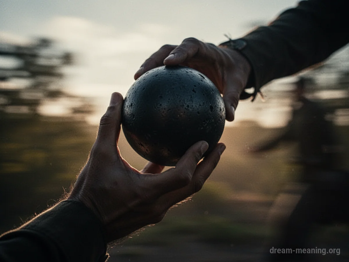 Silhouette of a hand holding a cannonball with a blurred background.