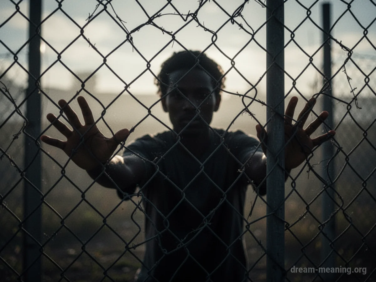 Silhouette of a person's upper body and head visible through a chain link fence.