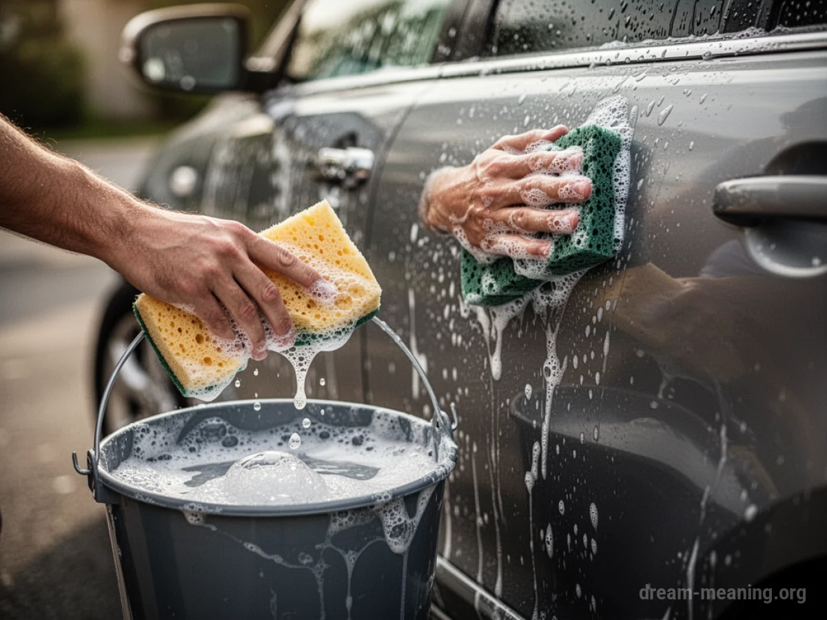A person's hand holding a sponge near a car, with another hand wiping the car.