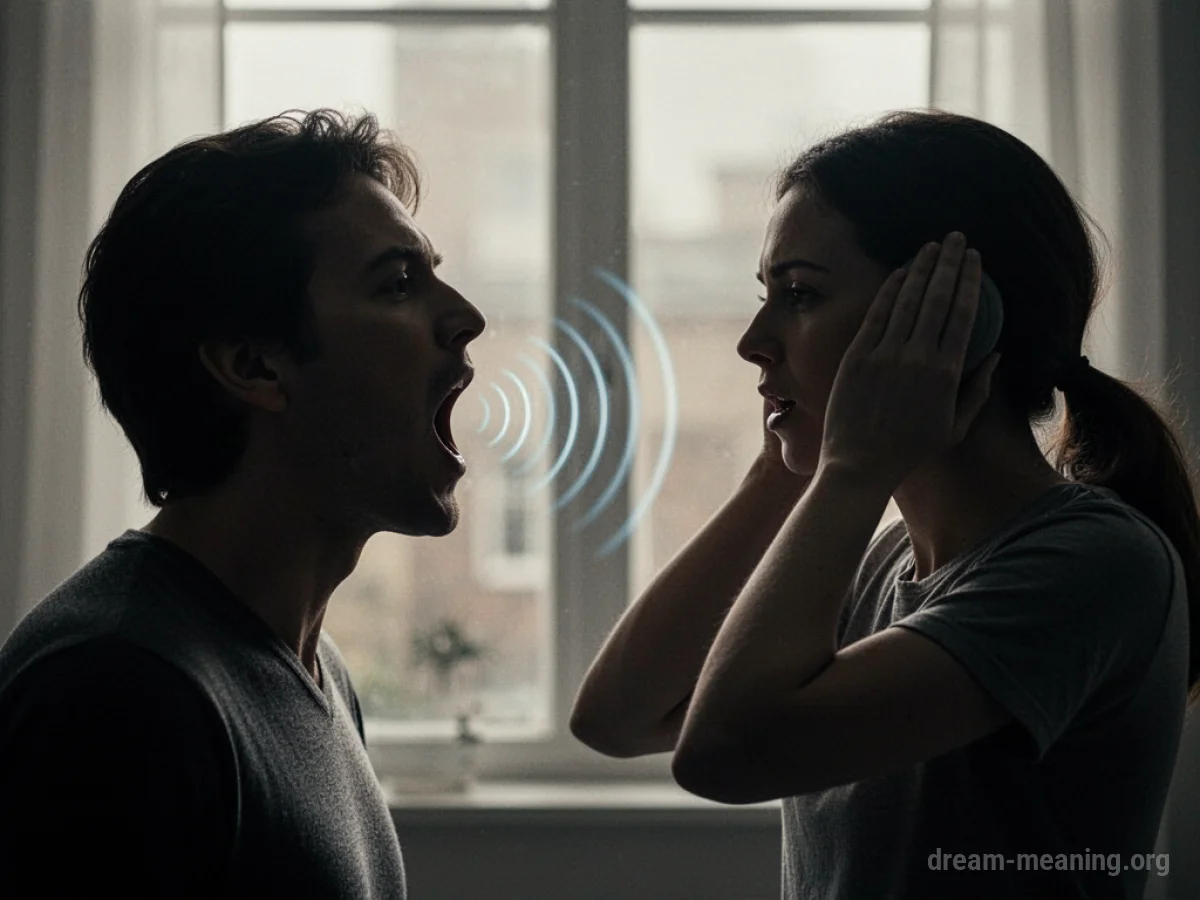 Silhouette of a person yelling towards another silhouette covering their ears.