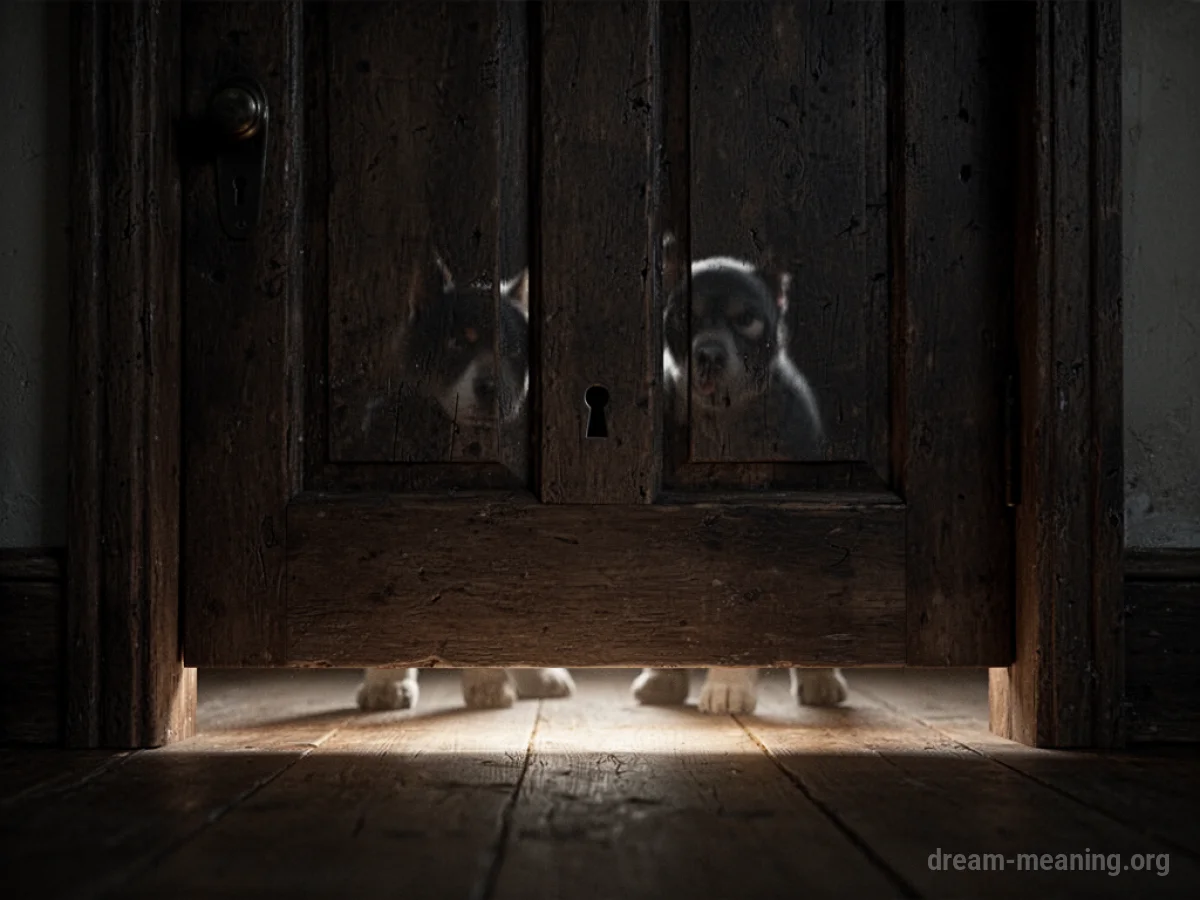 A dark, closed door with light emanating from beneath it.