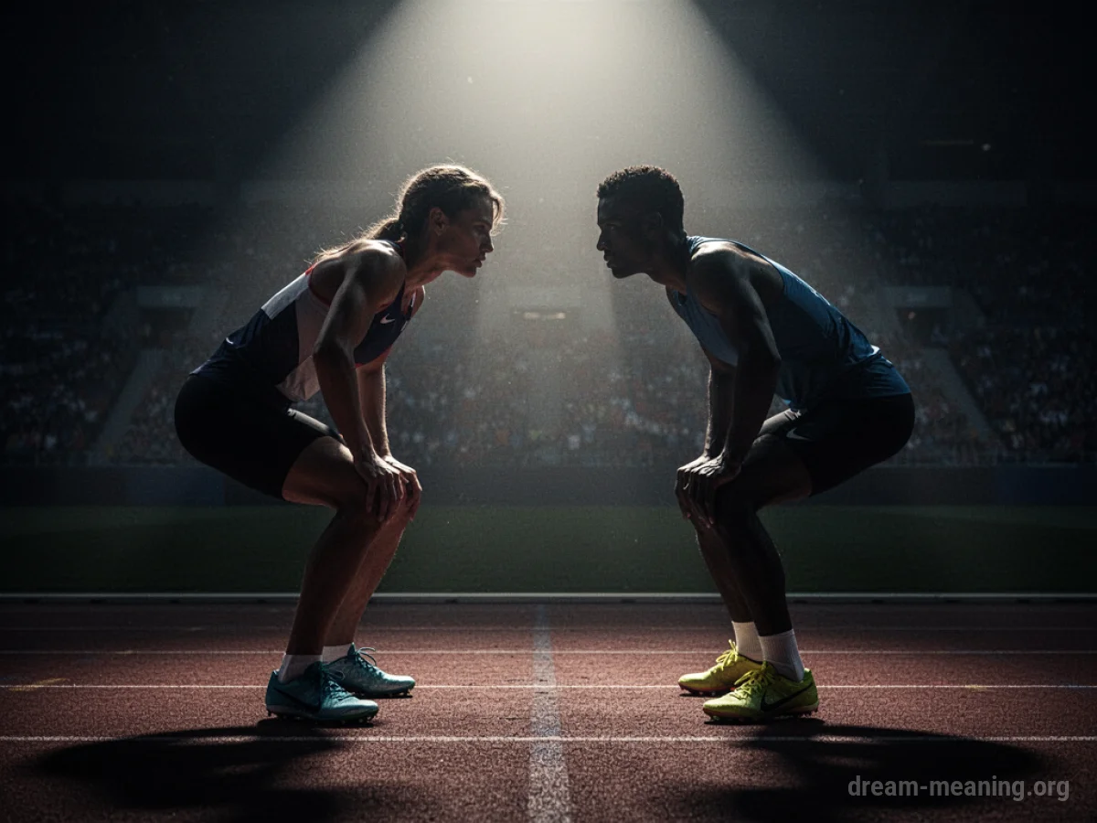 Silhouettes of two athletes facing each other on a track.