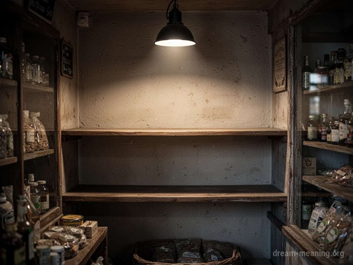 An empty shelf in a corner shop with a single beam of light highlighting the space.