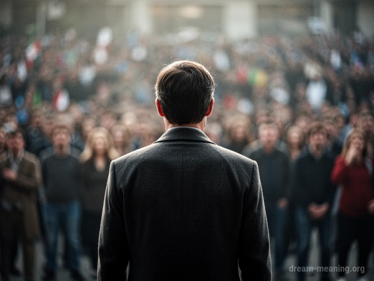 A single person stands facing away from the viewer towards a hazy group of people.