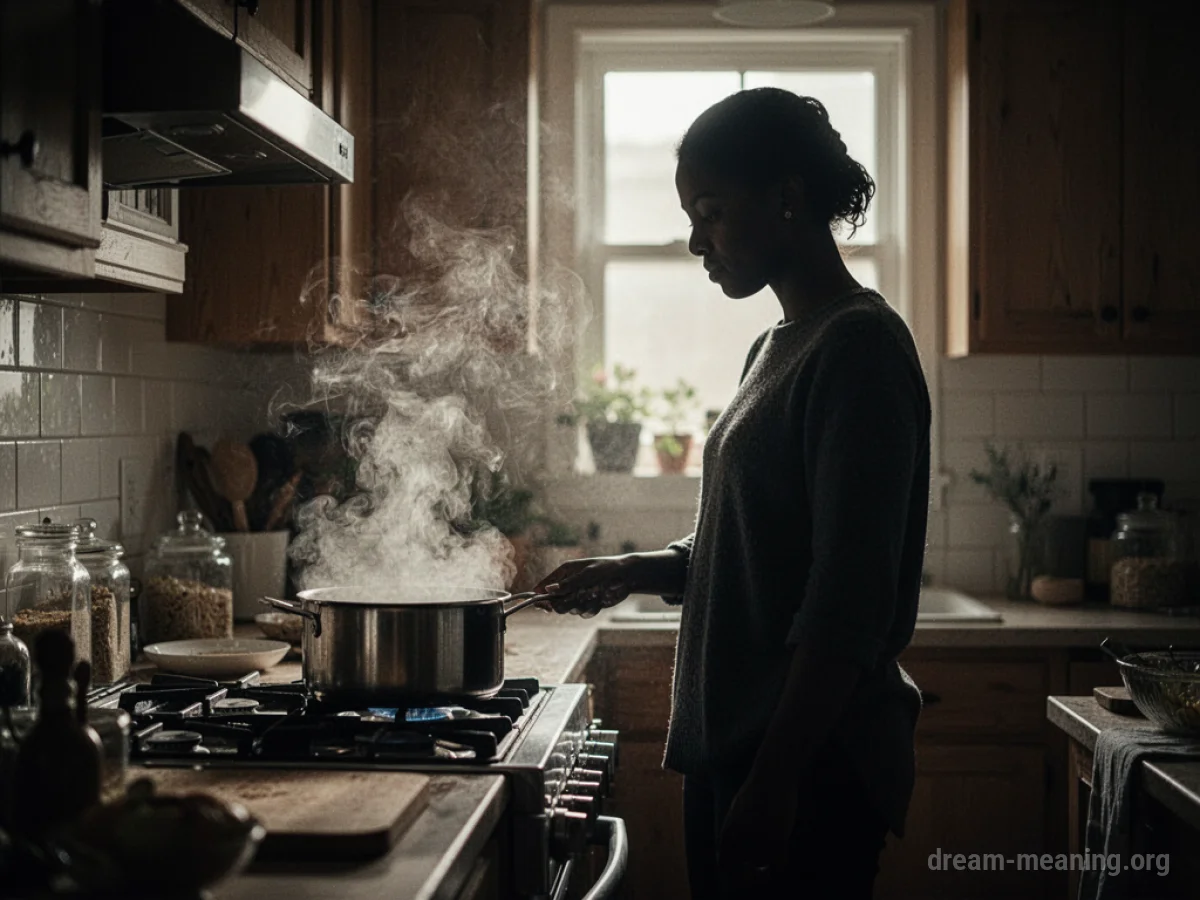 Silhouette of a person cooking in a kitchen.