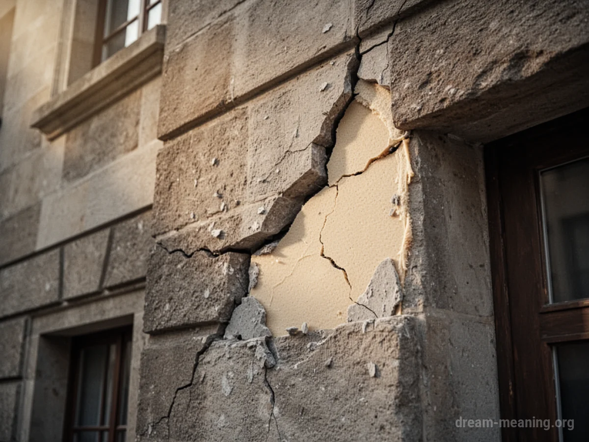 A stone building facade with a visible crack.