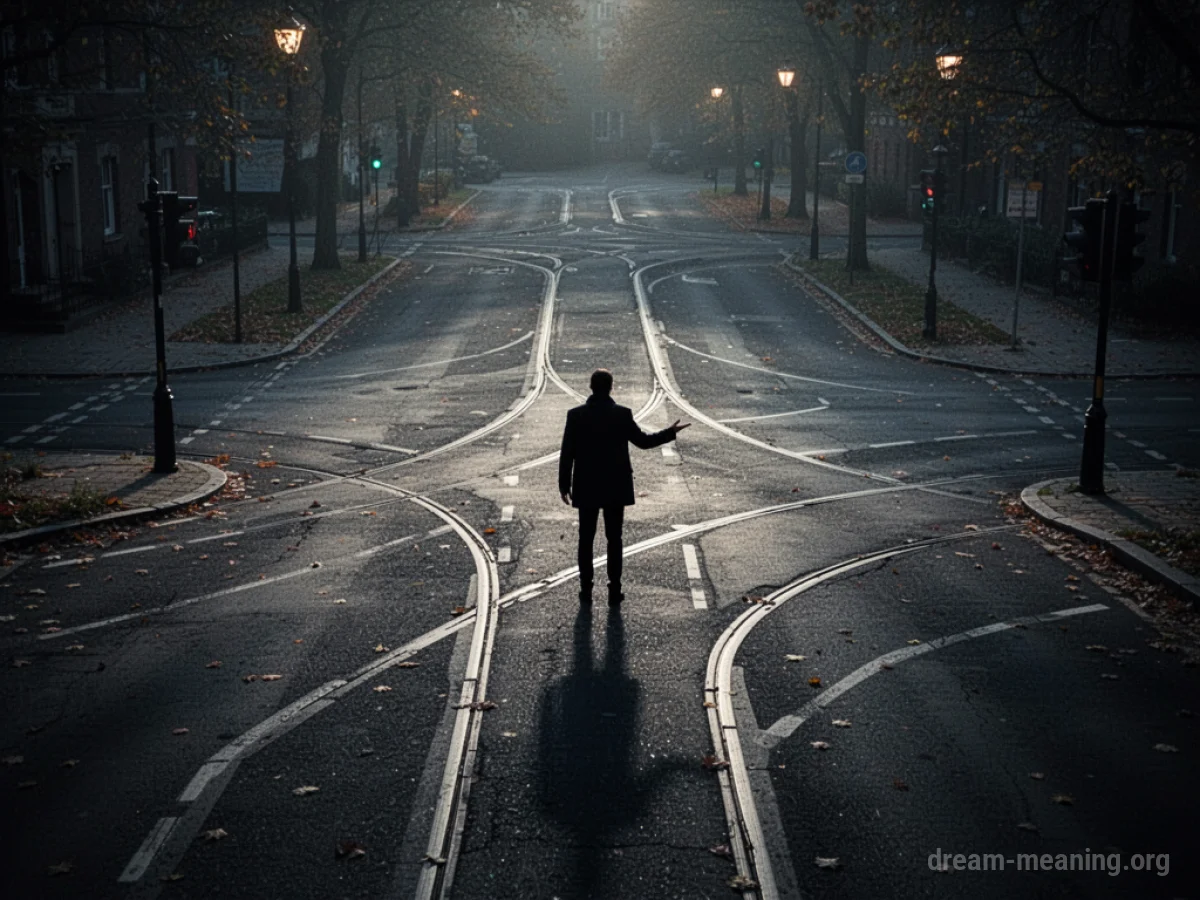 A silhouetted person gestures towards a path at a crossroads to another figure.