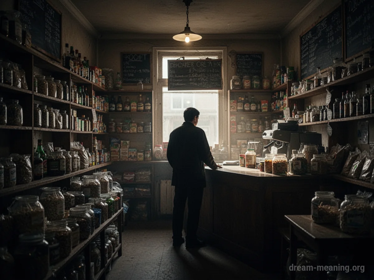 A silhouette of a person stands at the counter of a dimly lit corner shop.