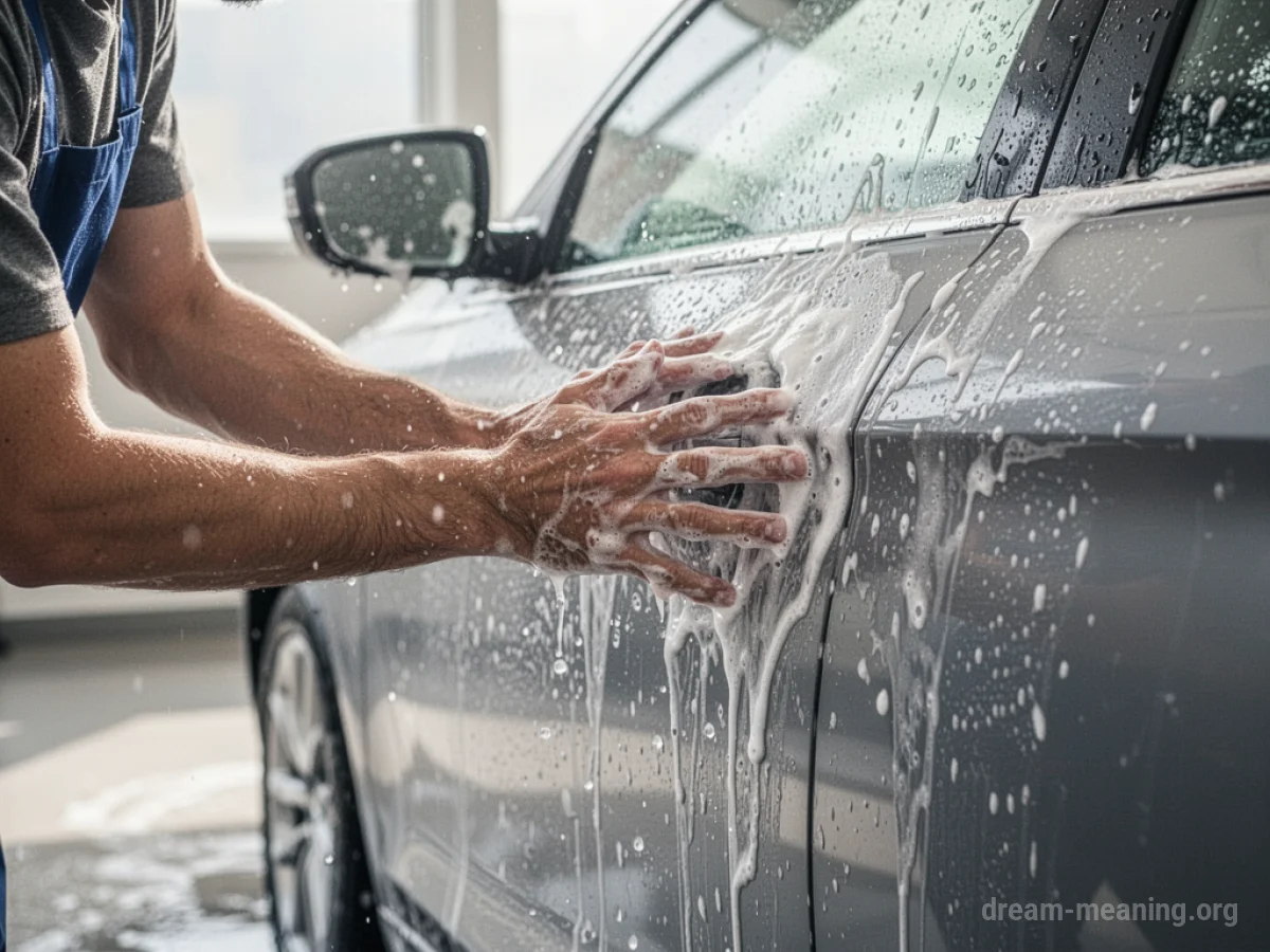 Hands of an unknown person washing a car.