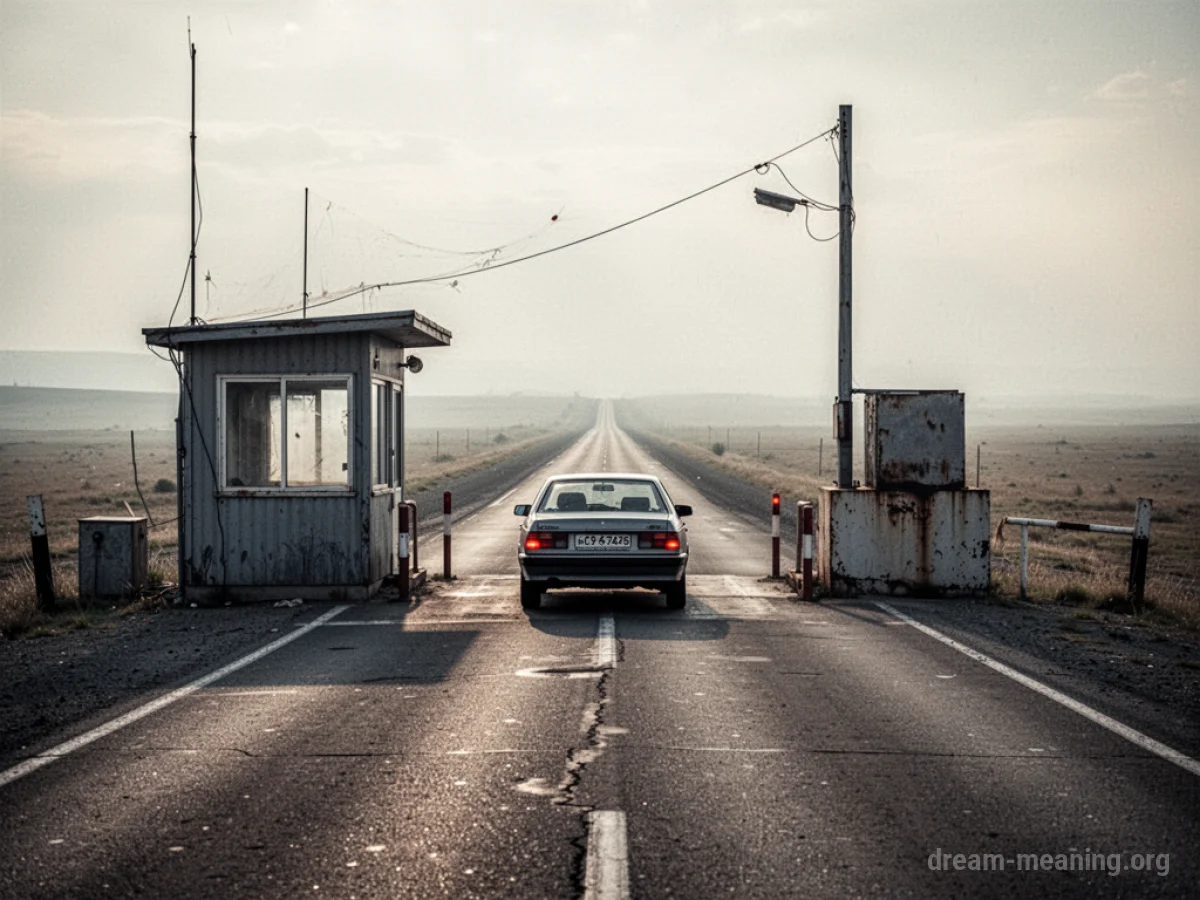 A car halted at a desolate checkpoint booth on a long, empty road.