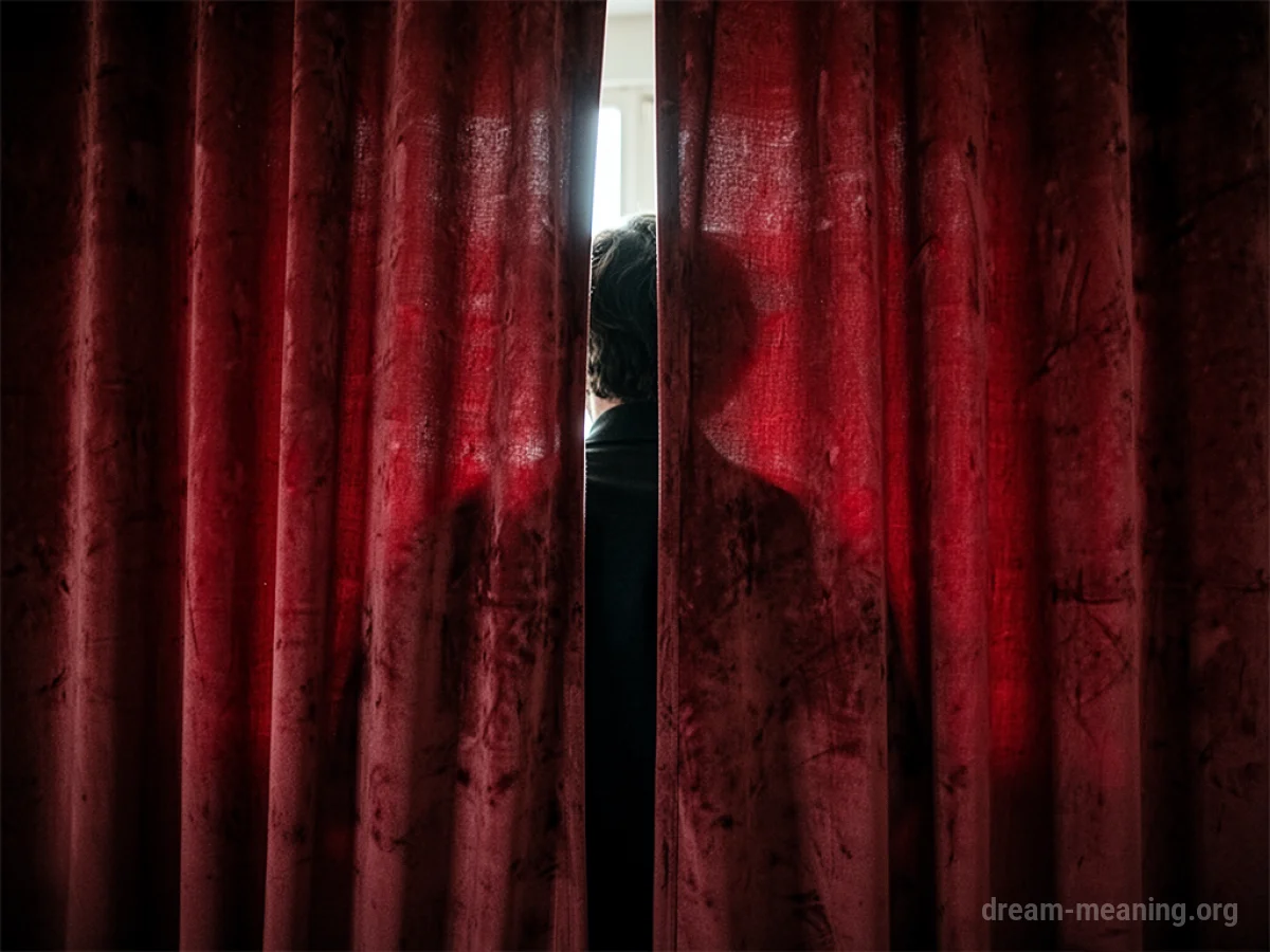 A silhouette of a person partially visible behind a drawn curtain.