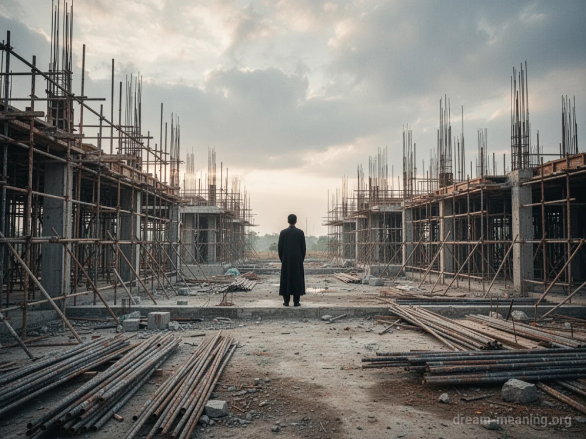 A solitary person standing amidst an unfinished building site with steel beams and concrete.