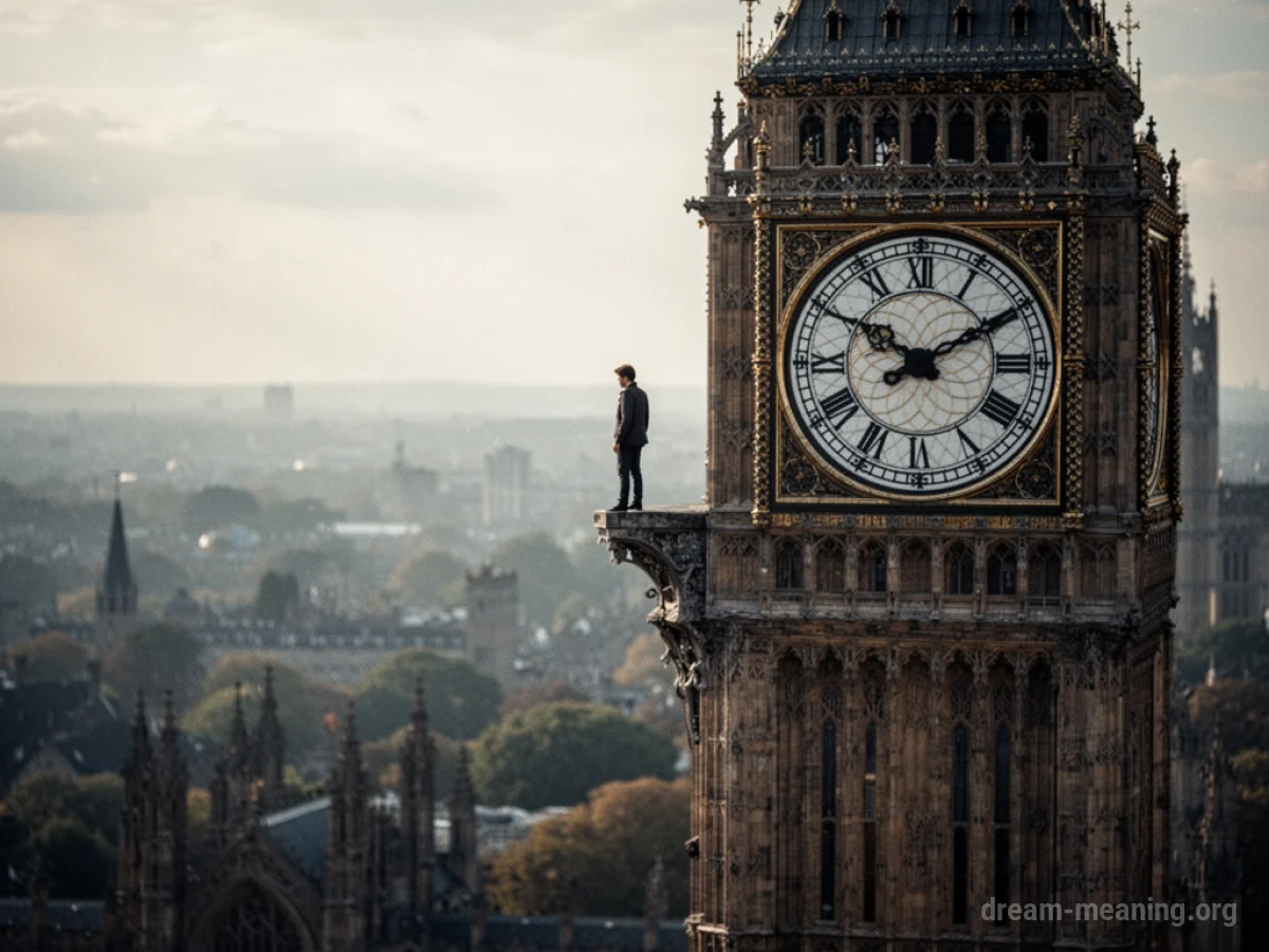 A person standing on the edge of a high clock tower overlooking a blurry landscape.