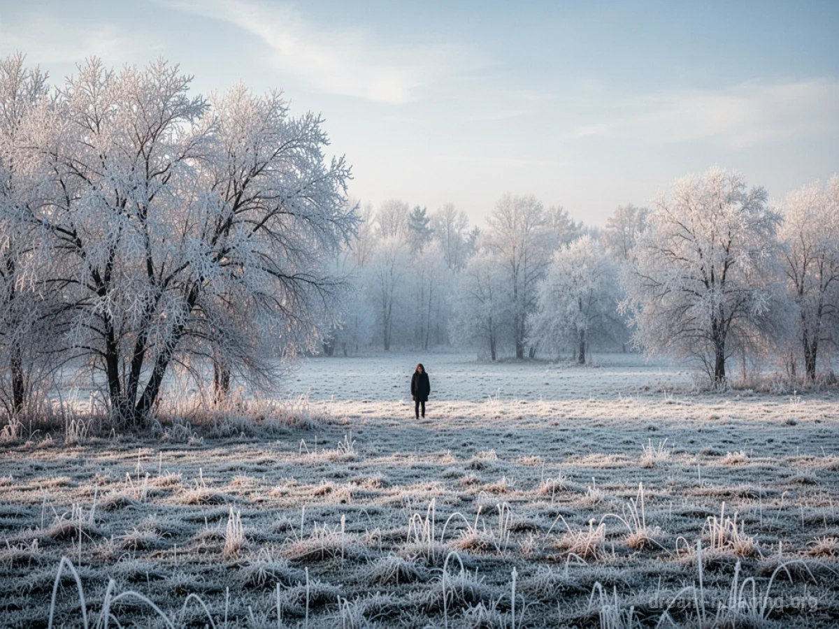 A person standing in a frost-covered field during a sudden cold snap.