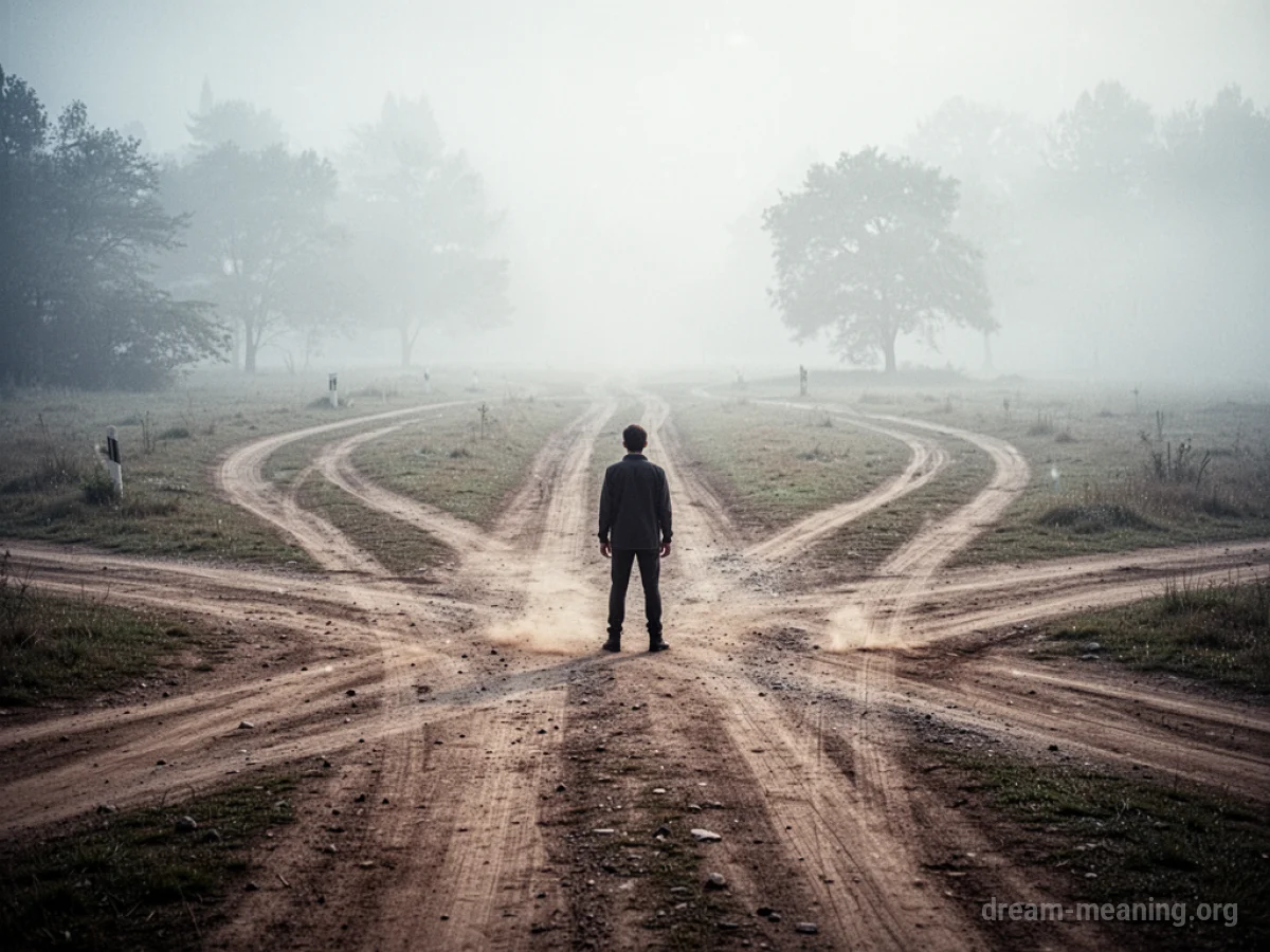 A person stands at a fork in the road where paths disappear into fog.
