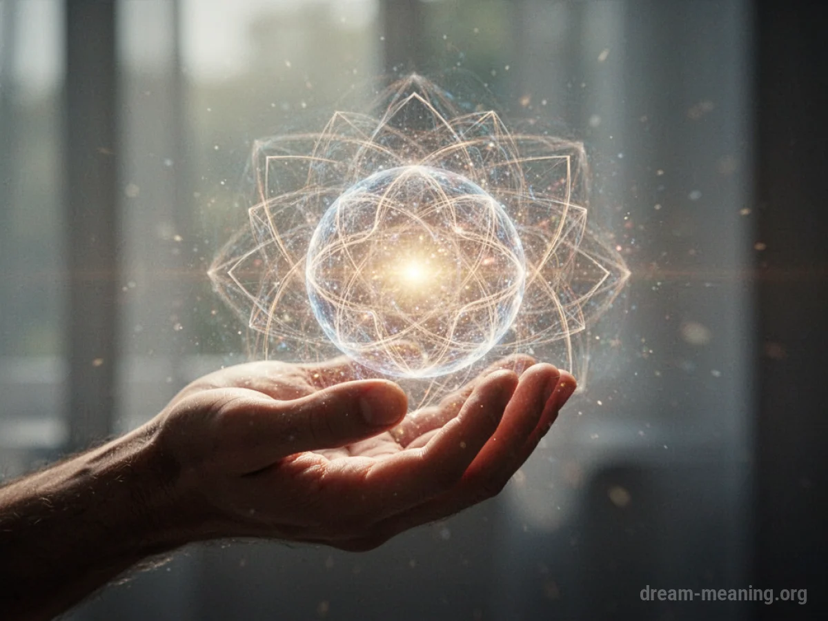 A hand holding a glowing orb that is forming complex shapes.
