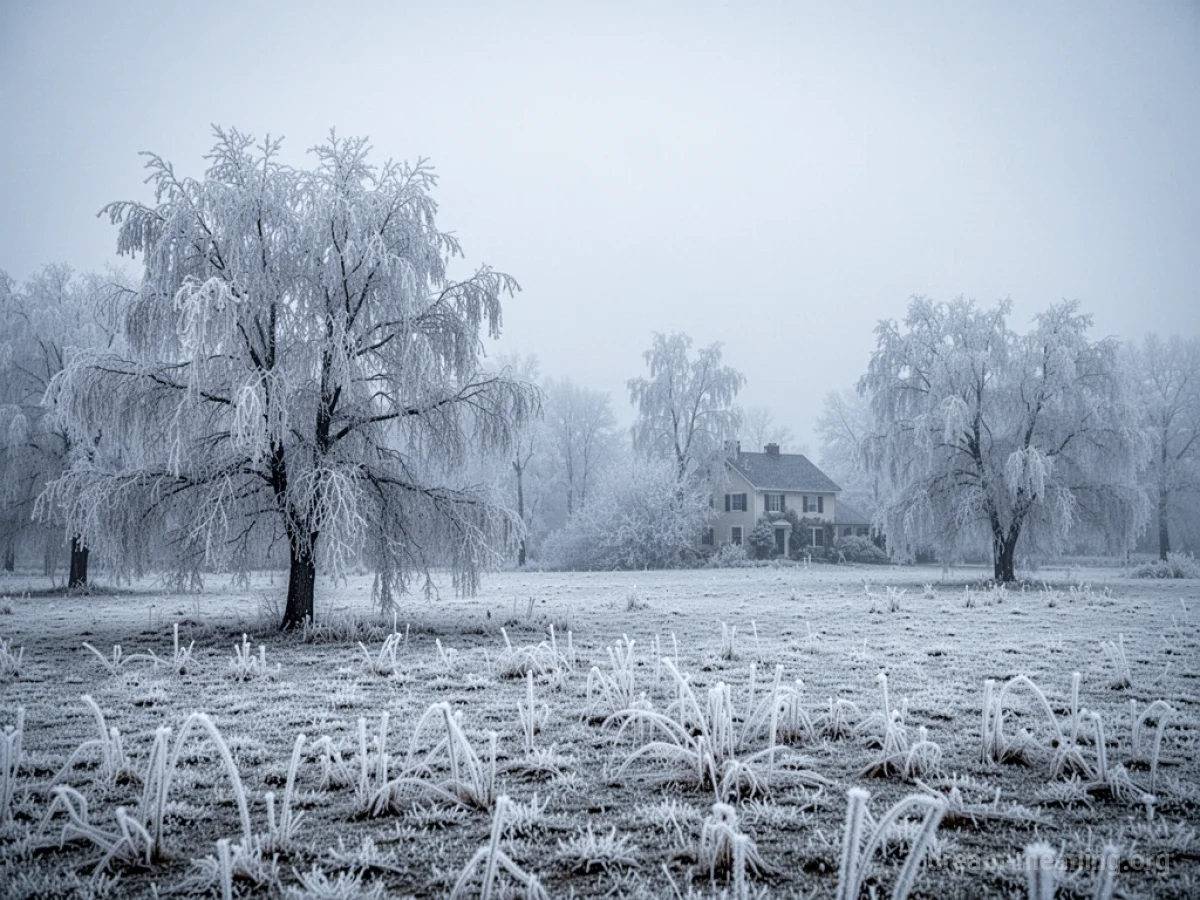 A frozen landscape under a gray sky.