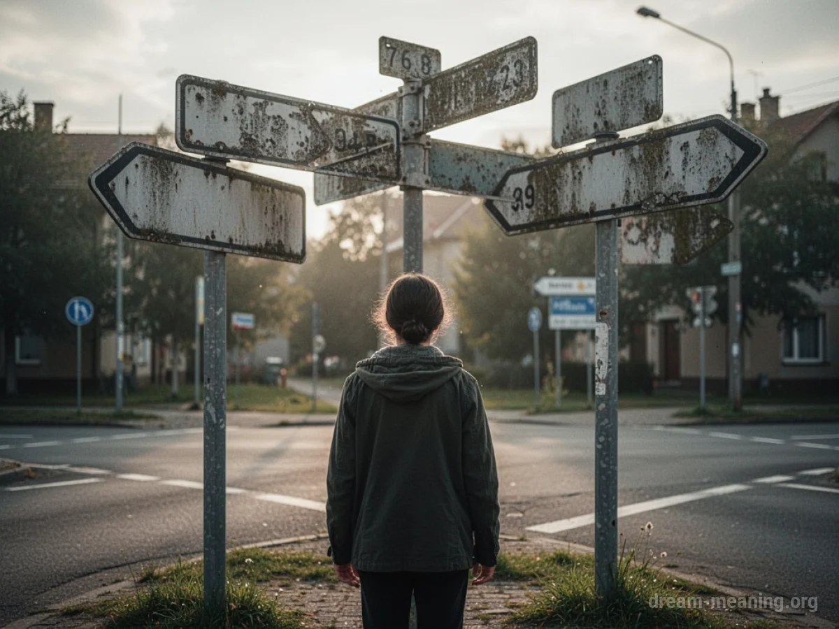 A person stands at a road intersection with signs that are unreadable.