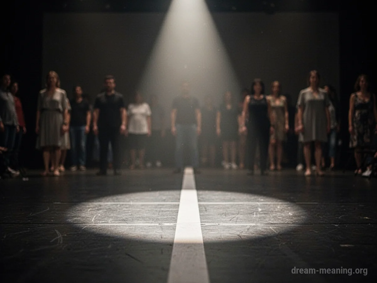 A spotlight shining on a starting line on a stage, with indistinct figures further back.