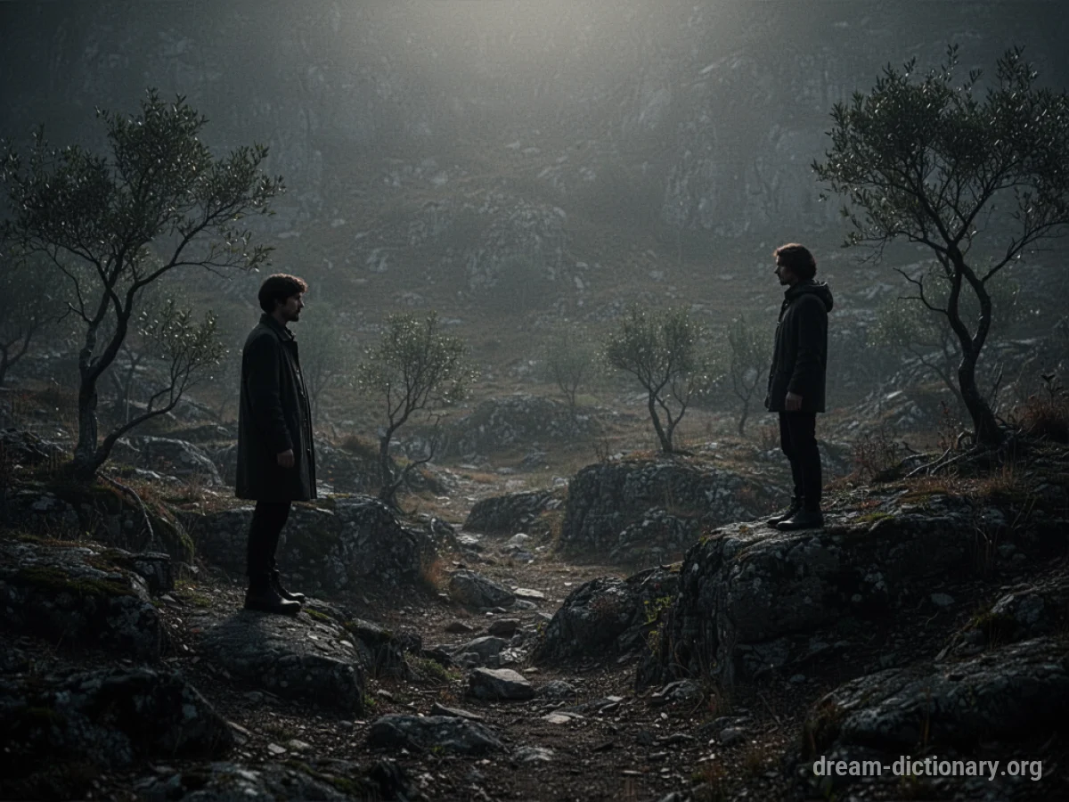 Two silhouetted figures facing each other in a barren, uneven terrain under dim lighting.