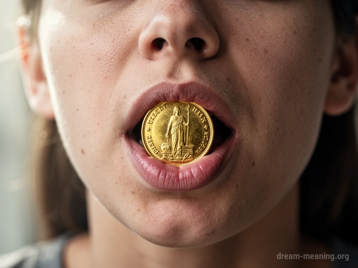 A gold coin poised at the entrance of an open mouth.