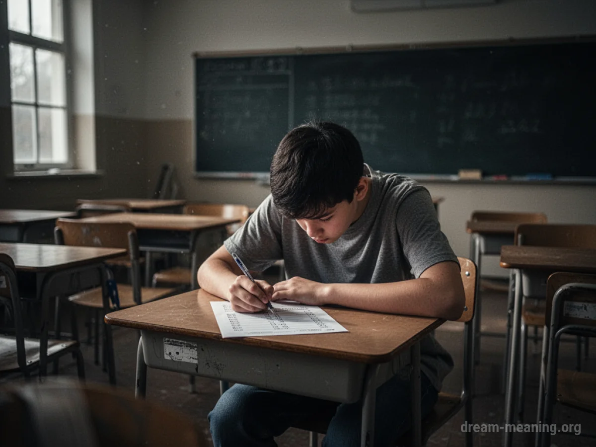 A student sits alone at a desk in a classroom taking a test.