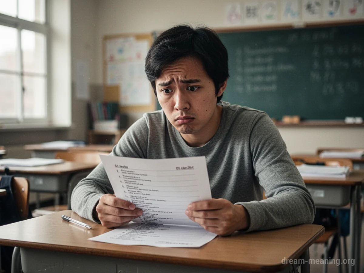 Person looking confused at a test paper in a classroom.