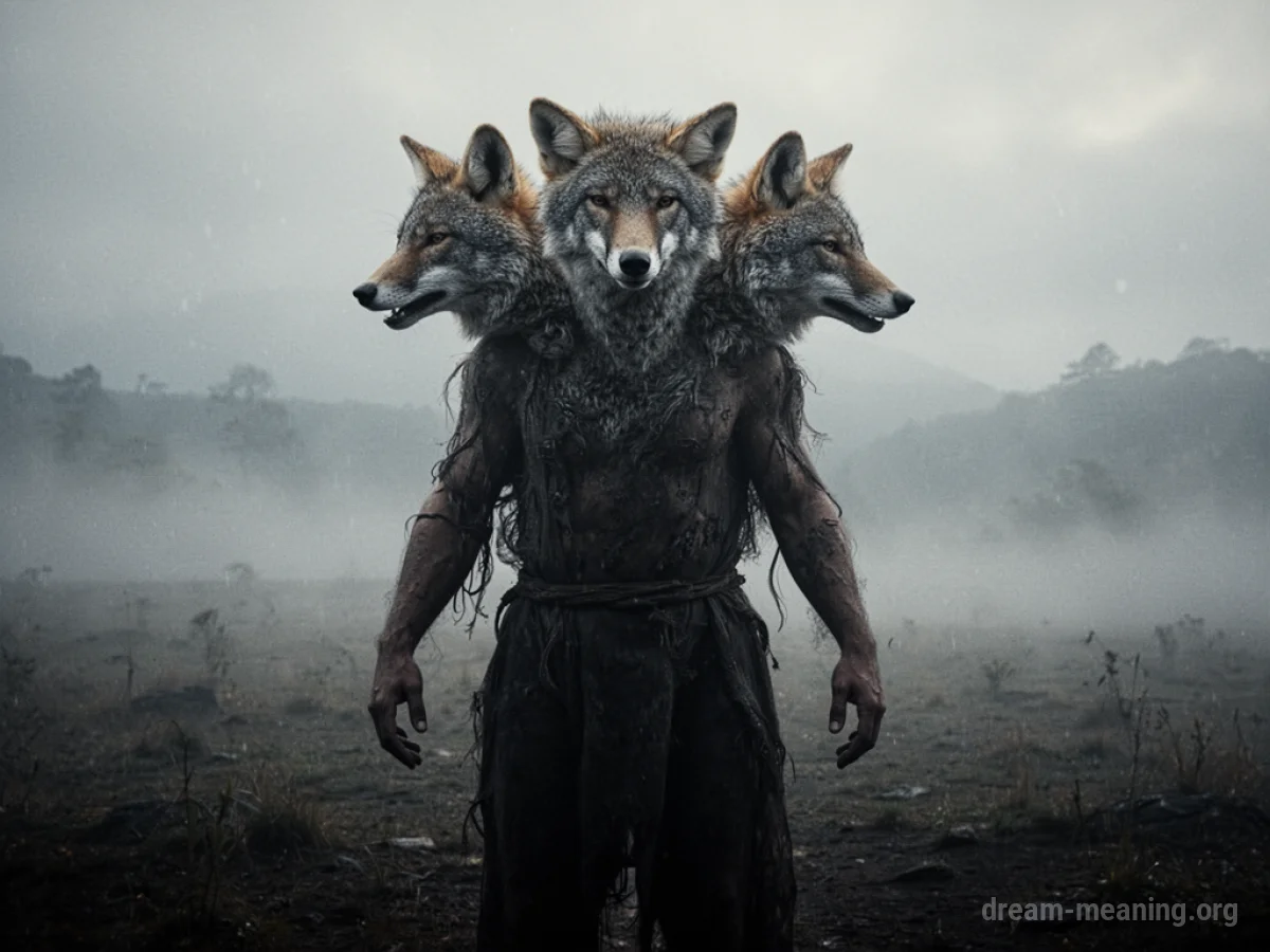 A composite creature with multiple heads and a human torso standing in fog.