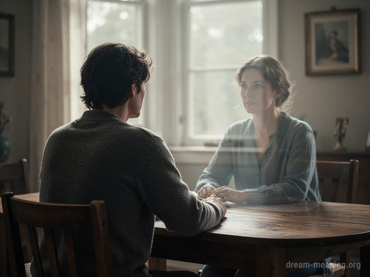 A seated person faces a translucent spectral figure across a table.