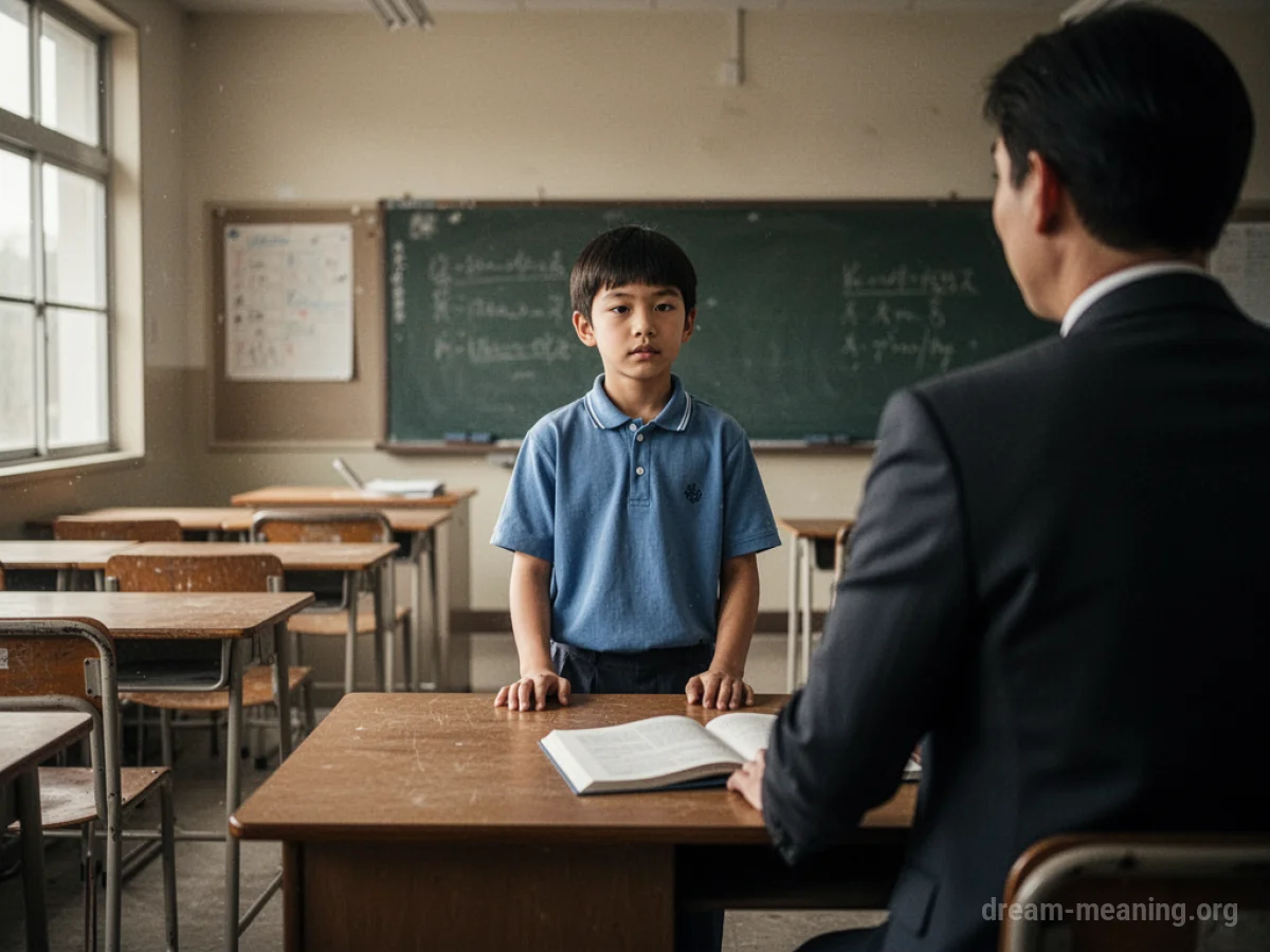 Student at a teacher's desk in an empty classroom with the teacher partially visible.