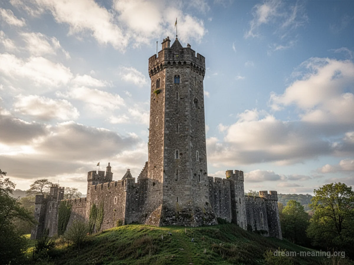 A very tall castle tower against a sky.