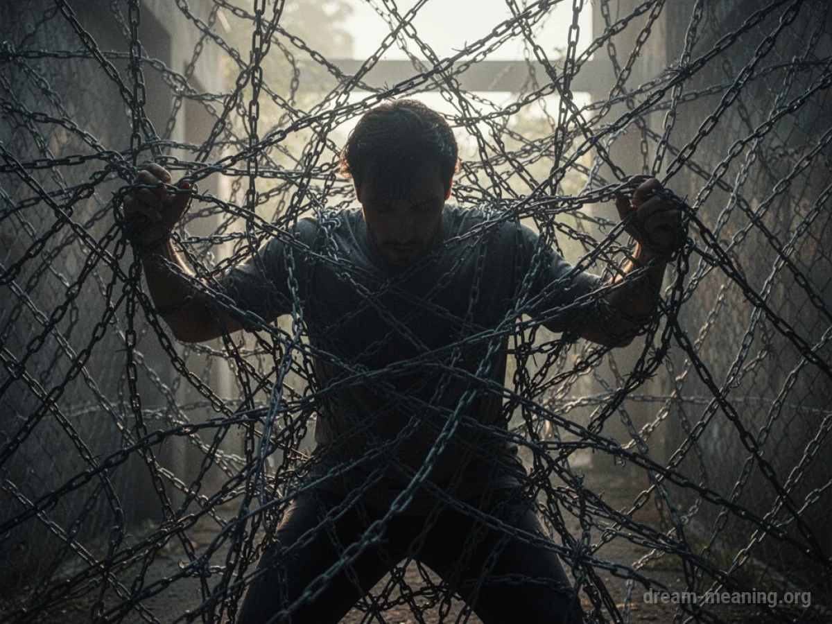 Silhouette of a figure ensnared within a complex network of metal chain links.