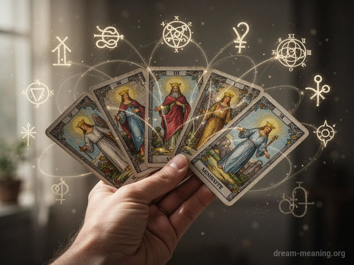 A hand displaying a set of tarot cards.