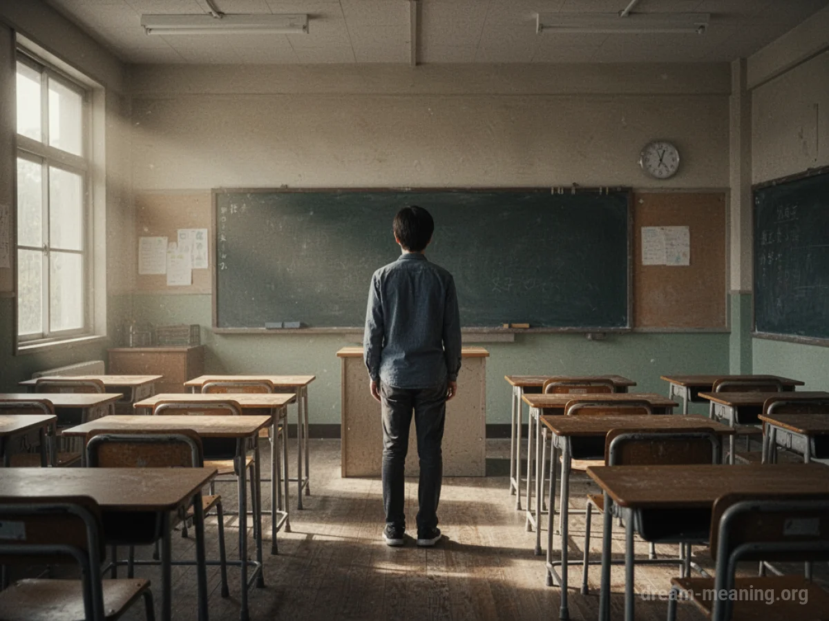 A person stands at the front of an empty classroom.