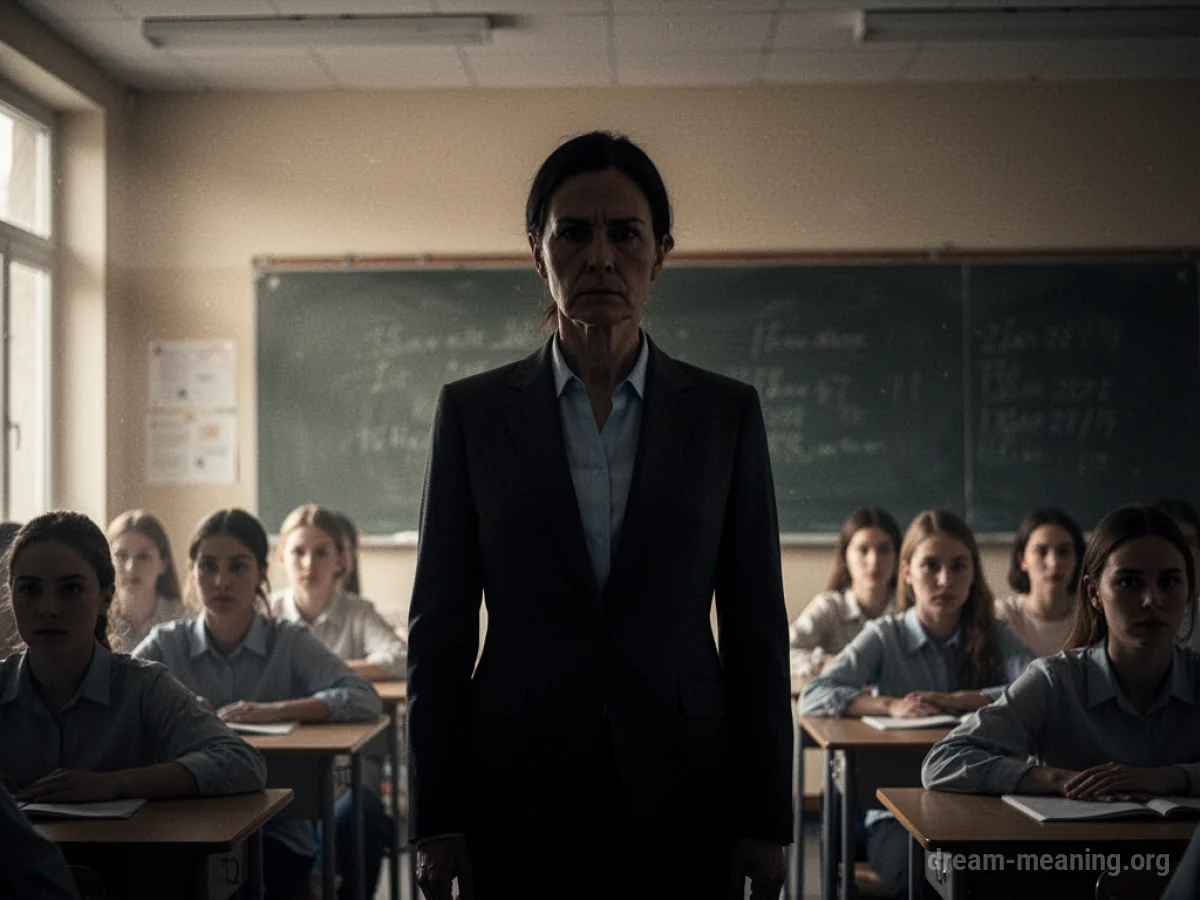 A shadowy teacher figure addresses a room of blurred students.