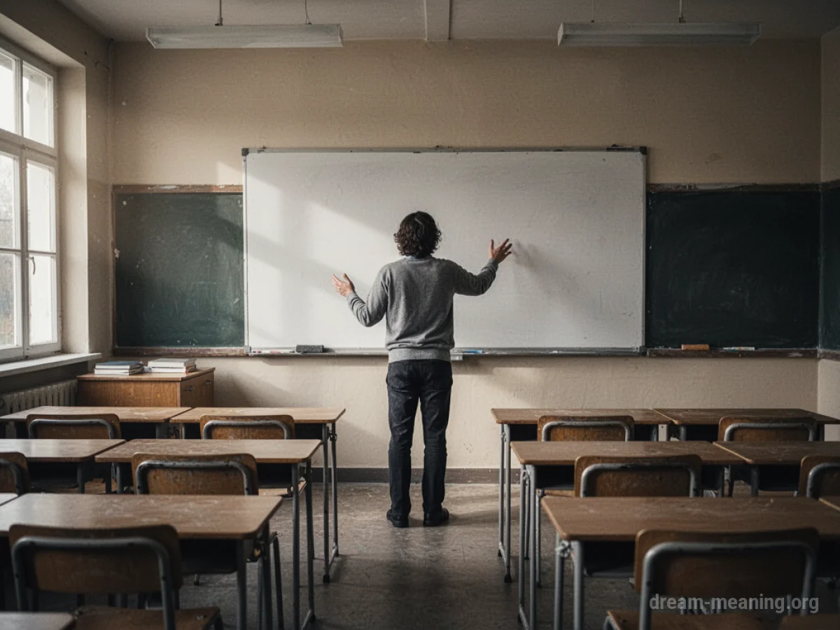 A person stands at the front of an empty classroom facing rows of desks.
