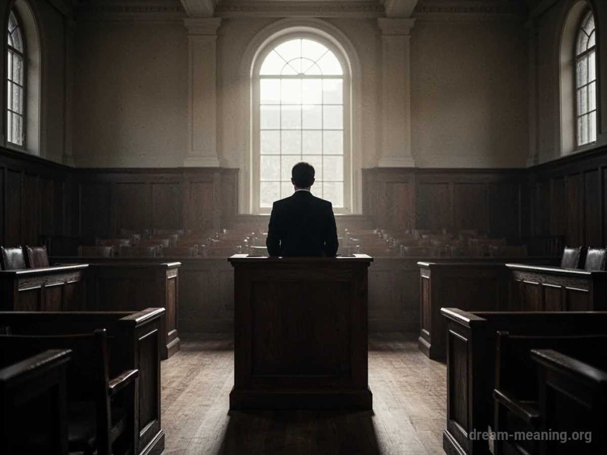 Silhouette of a person at a witness stand in a courtroom.
