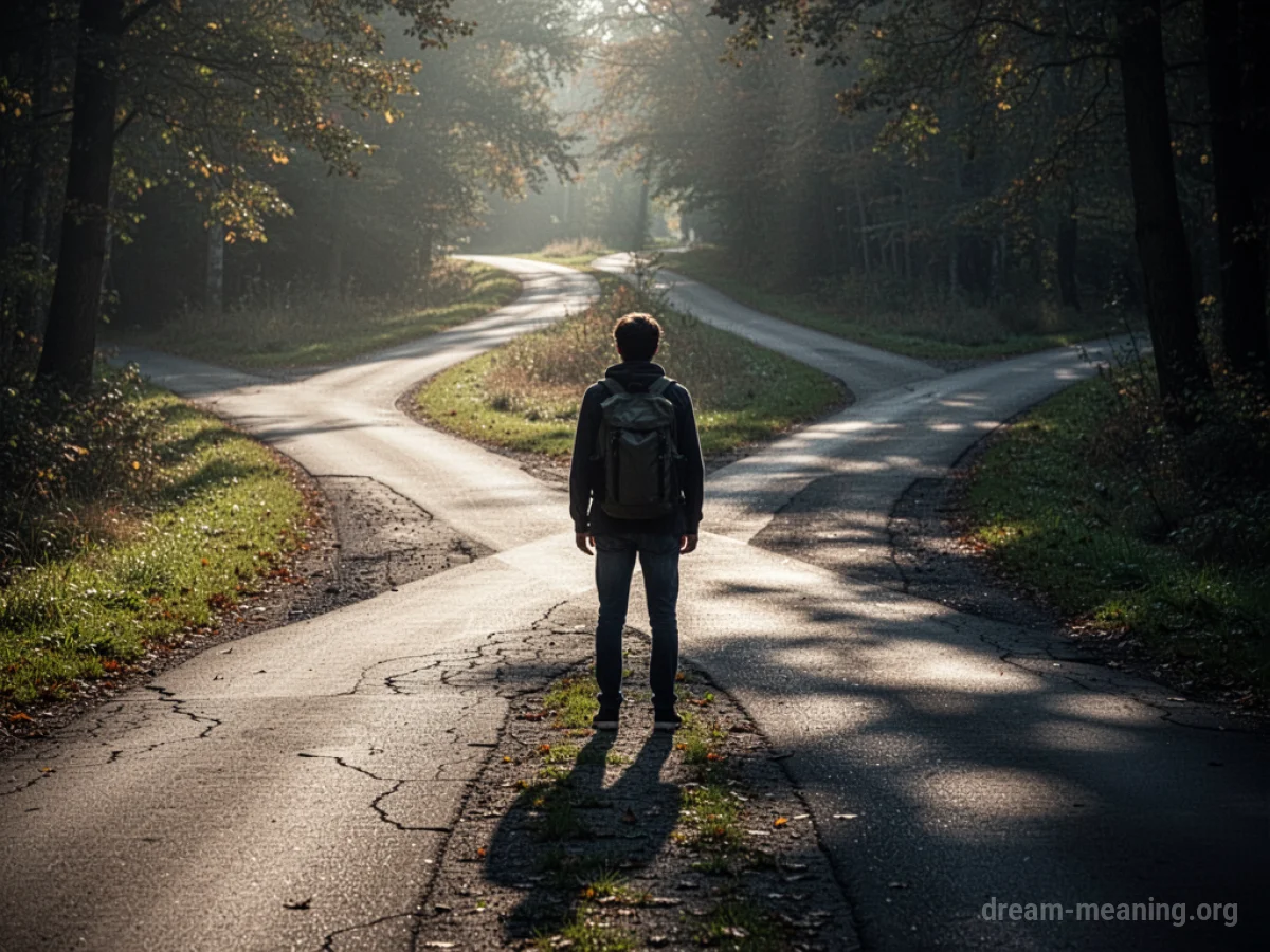 A person at a fork in the road with two distinct paths.
