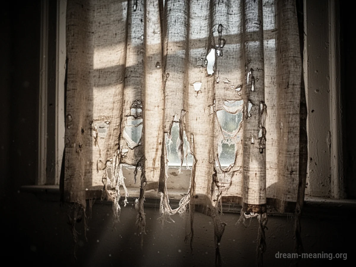 A ripped curtain with light passing through the tears.
