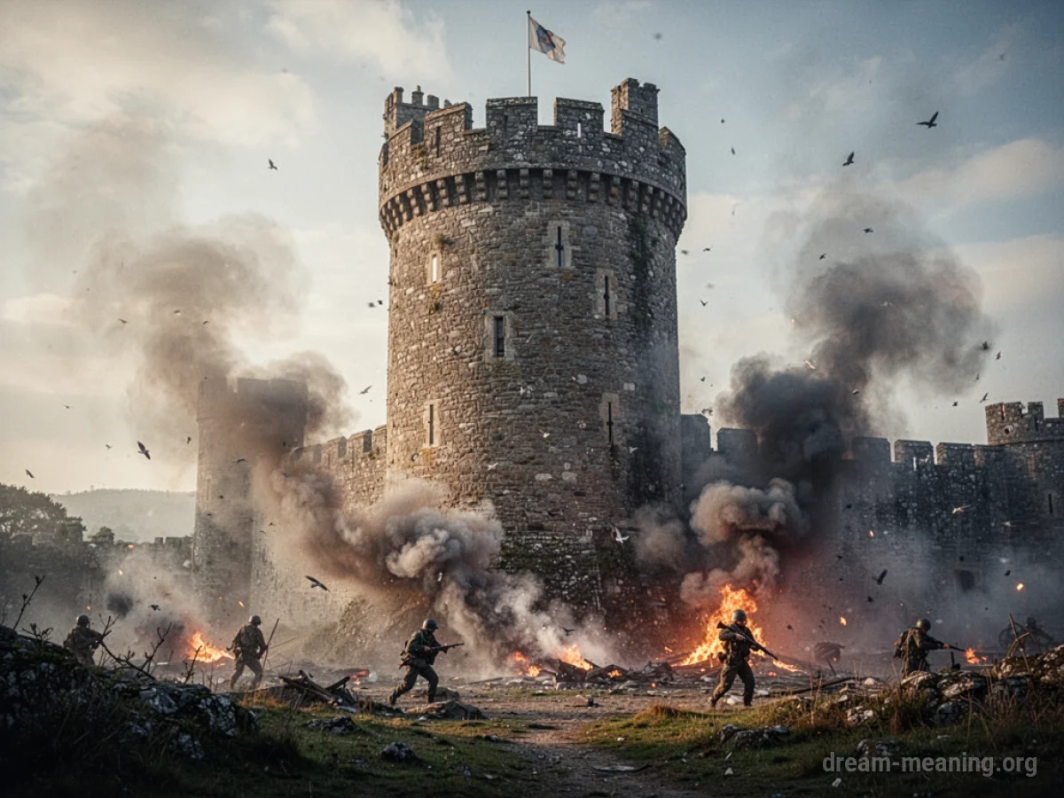 A tall stone castle tower with smoke and faint figures surrounding its base.