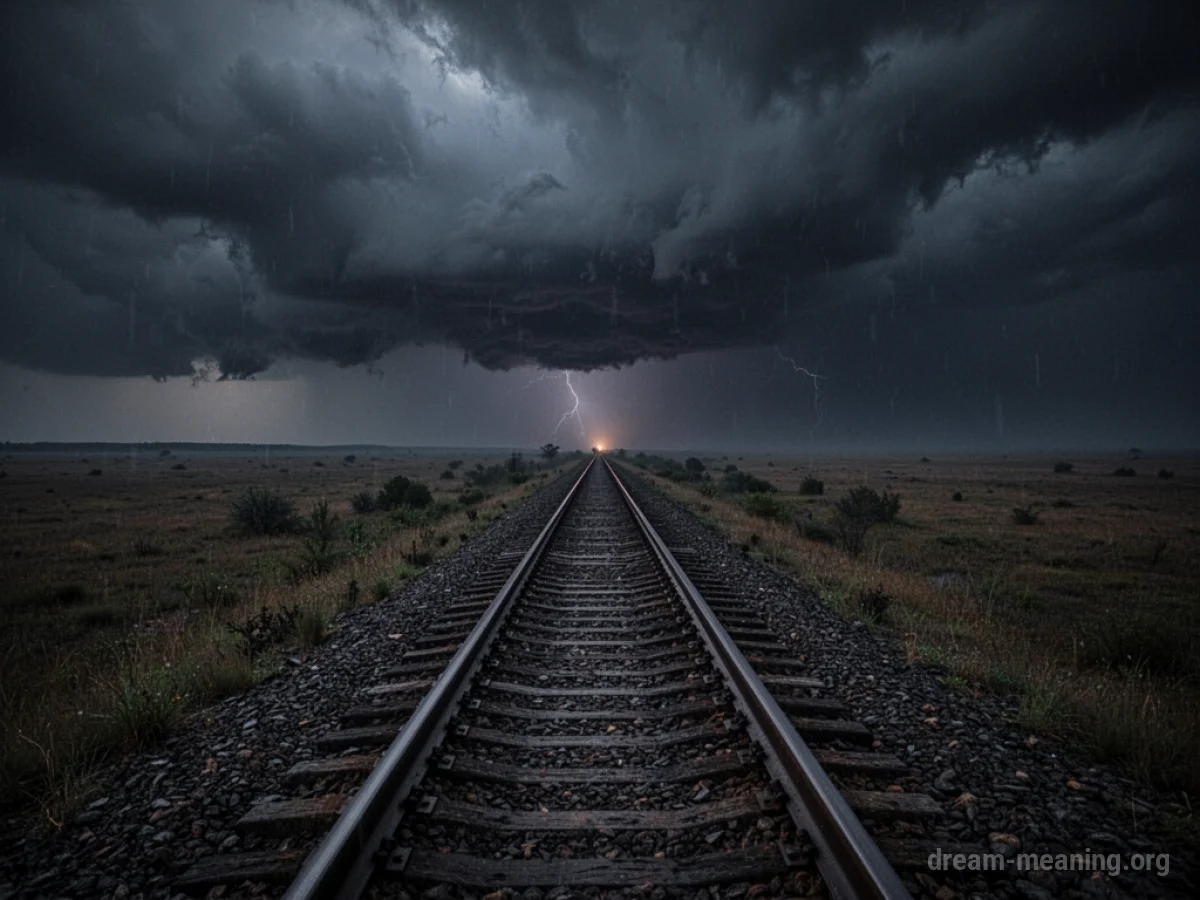 A train track vanishing into a stormy, dark sky.