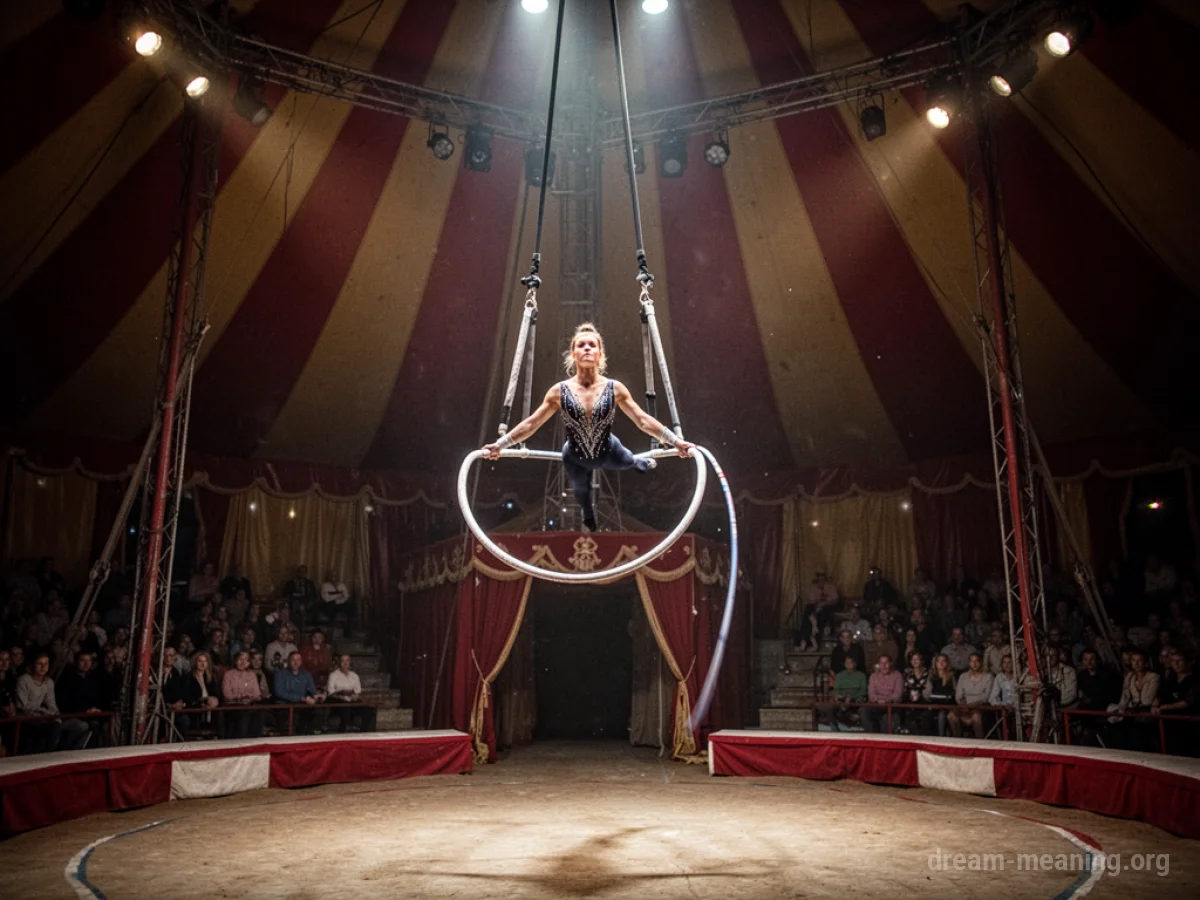 A person performing on a trapeze high above a circus floor.