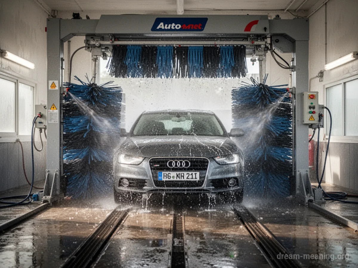A car stuck inside an automated car wash with brushes and water jets surrounding it.