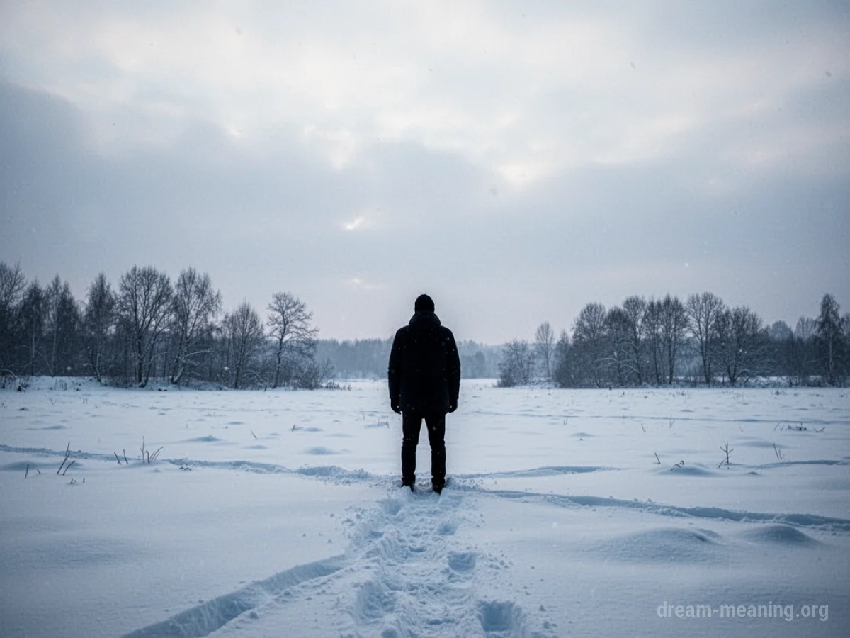 Silhouette of a person in a barren, snowy landscape.