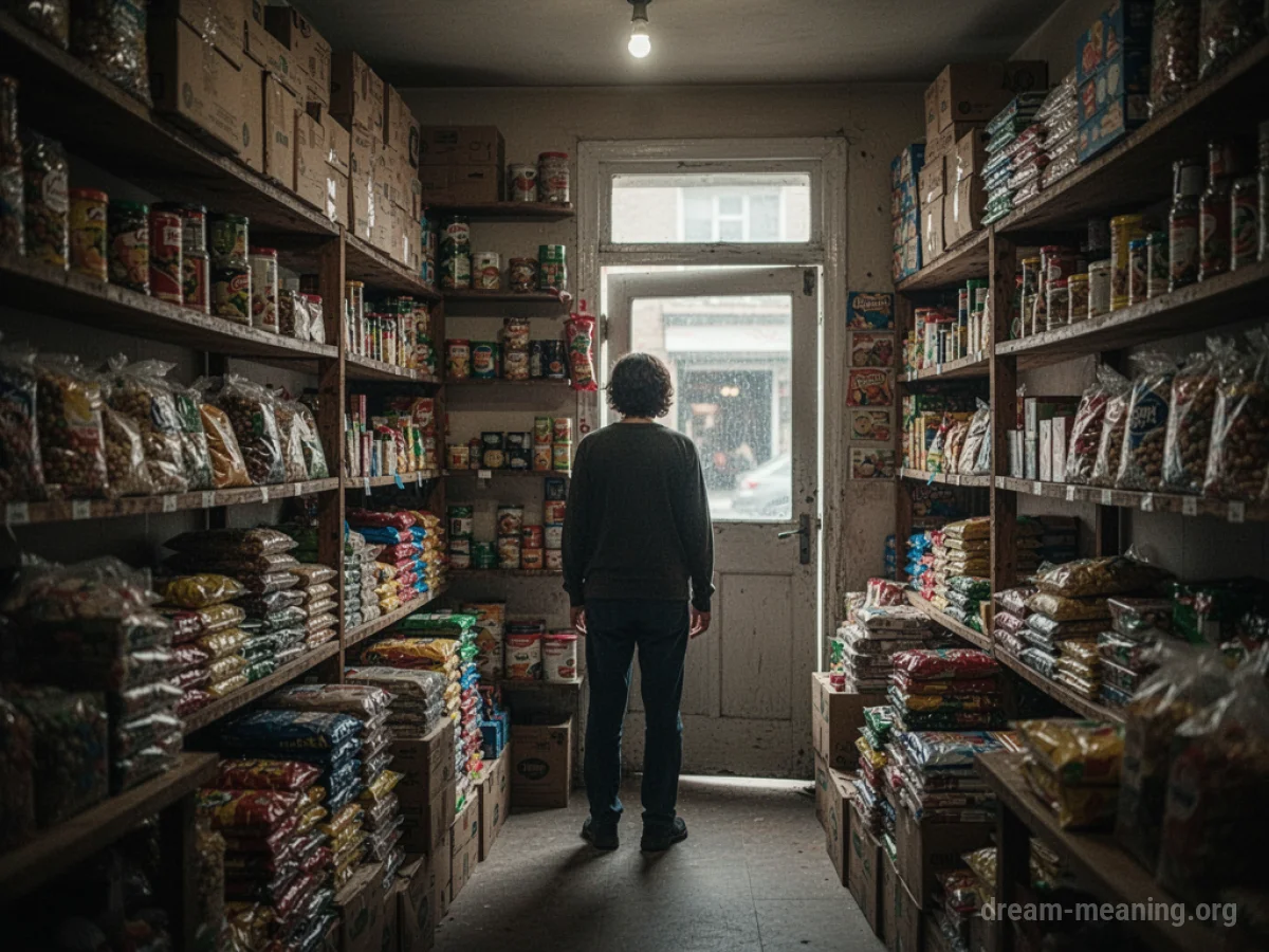 A person is inside a narrow shop, surrounded by products on shelves, looking towards a distant exit.