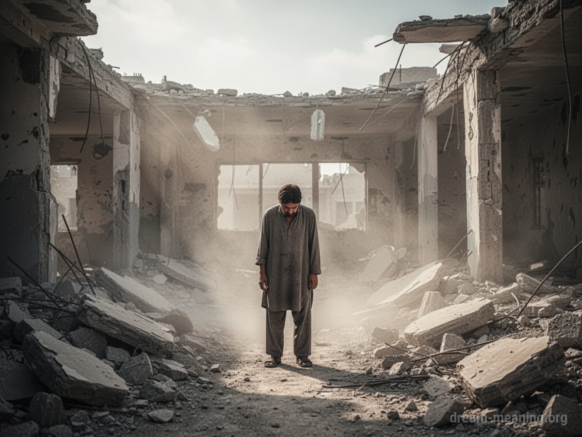 A person standing in a ruined building.