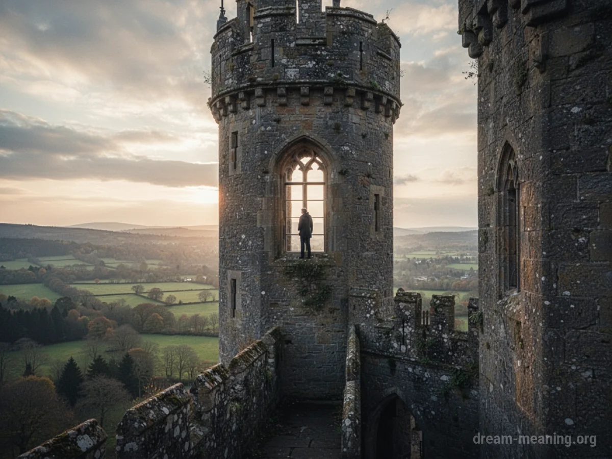 A person looking out a high window from inside a stone tower.