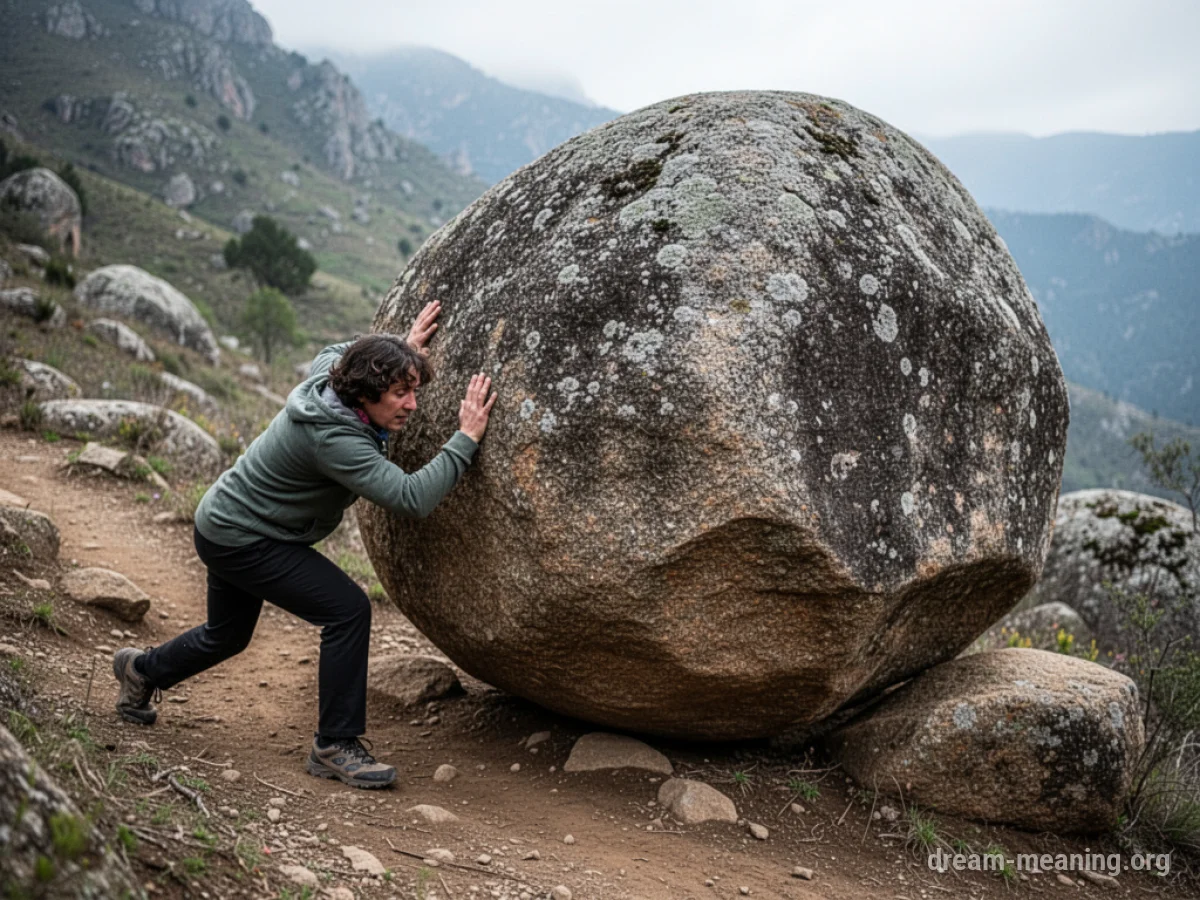 A silhouette of a person pushing a large boulder up a steep incline.
